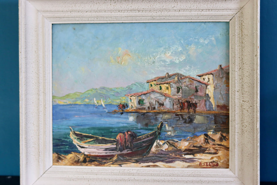 Mid-Century Style Oil On Panel Painting "Harbour with buildings " By B Franco Vintage & Framed Noah Ancienne