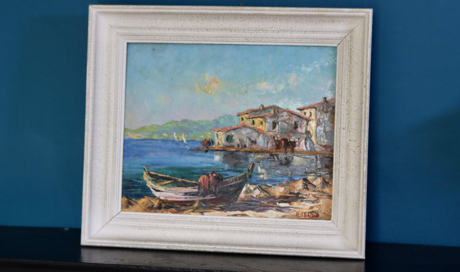 Mid-Century Style Oil On Panel Painting "Harbour with buildings " By B Franco Vintage & Framed Noah Ancienne