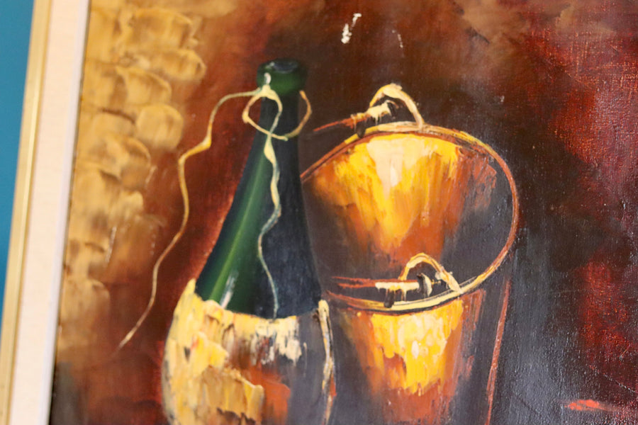 Original Dutch Modernist Oil Painting"Still Life With Champagne Bottle" by Pieter Dik (HOLLAND, 1943-1984). - Vintage & Framed Noah Ancienne