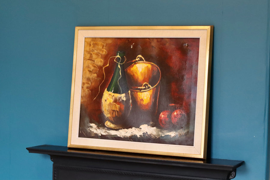 Original Dutch Modernist Oil Painting"Still Life With Champagne Bottle" by Pieter Dik (HOLLAND, 1943-1984). - Vintage & Framed Noah Ancienne