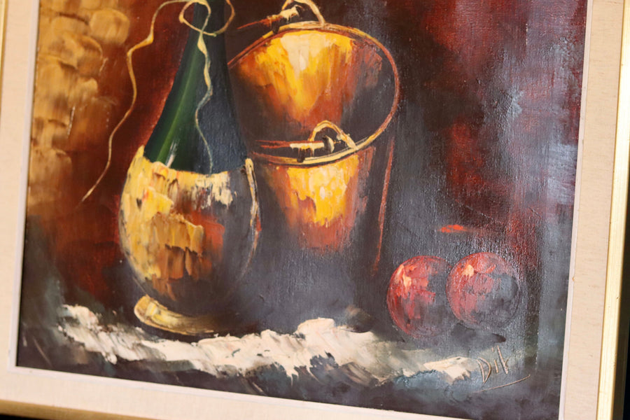 Original Dutch Modernist Oil Painting"Still Life With Champagne Bottle" by Pieter Dik (HOLLAND, 1943-1984). - Vintage & Framed Noah Ancienne