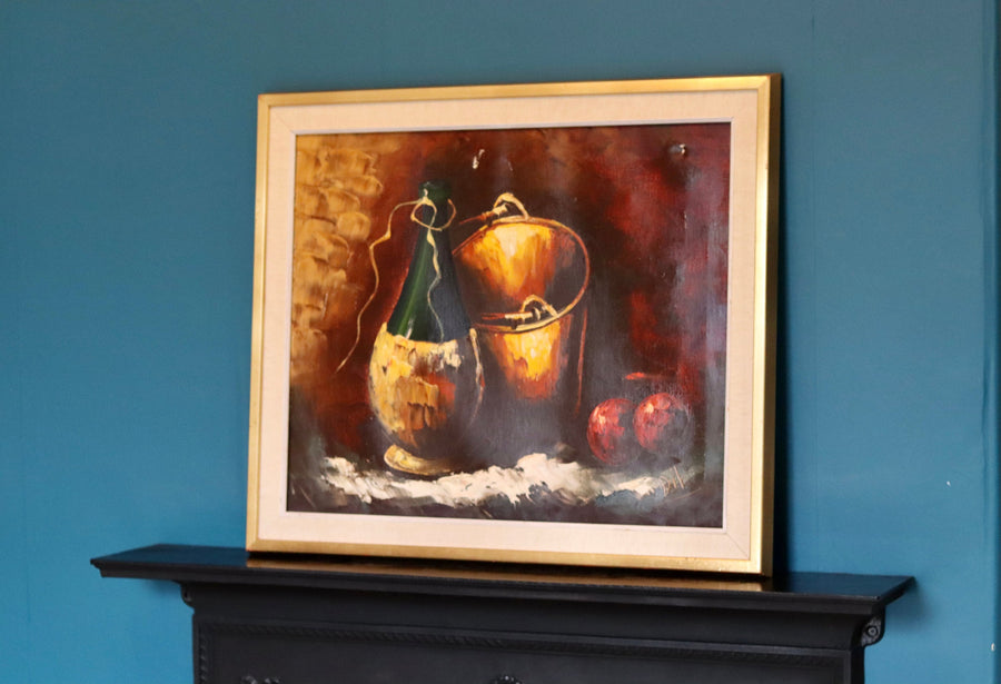 Original Dutch Modernist Oil Painting"Still Life With Champagne Bottle" by Pieter Dik (HOLLAND, 1943-1984). - Vintage & Framed Noah Ancienne