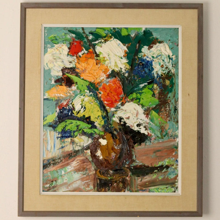 Original Large Swedish Mid-Century Oil on Canvas " Impressionistic Floral Arrangement in a Vase" - Vintage & Framed Noah Ancienne