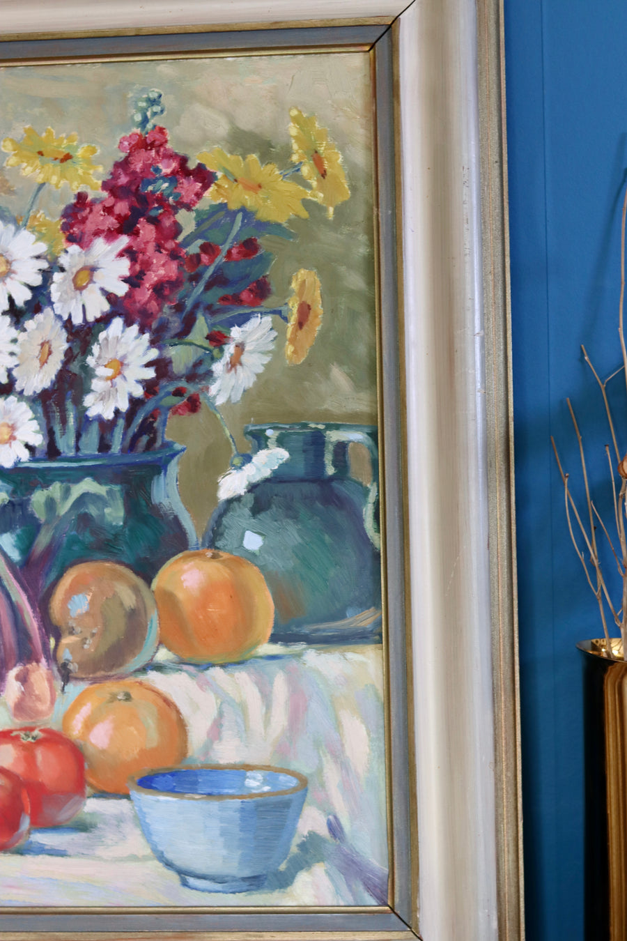 Original Large Swedish Mid-Century Oil on Panel" Still Life Flower and Fruits" by Erik Jemhte (1876-1952) - Vintage & Framed Noah Ancienne