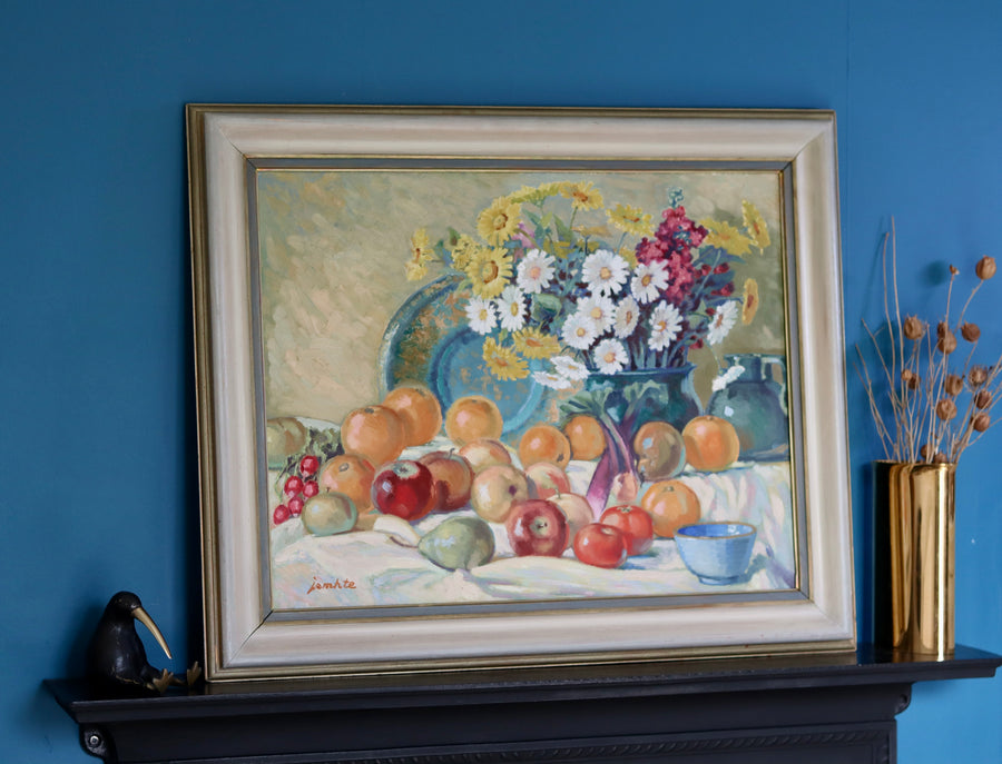 Original Large Swedish Mid-Century Oil on Panel" Still Life Flower and Fruits" by Erik Jemhte (1876-1952) - Vintage & Framed Noah Ancienne