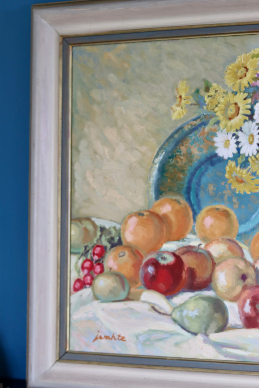 Original Large Swedish Mid-Century Oil on Panel" Still Life Flower and Fruits" by Erik Jemhte (1876-1952) - Vintage & Framed Noah Ancienne