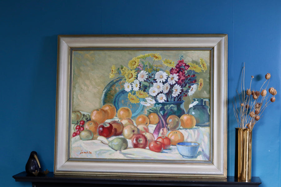 Original Large Swedish Mid-Century Oil on Panel" Still Life Flower and Fruits" by Erik Jemhte (1876-1952) - Vintage & Framed Noah Ancienne