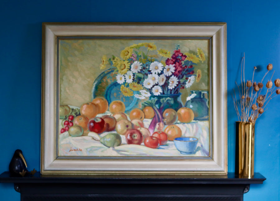 Original Large Swedish Mid-Century Oil on Panel" Still Life Flower and Fruits" by Erik Jemhte (1876-1952) - Vintage & Framed Noah Ancienne