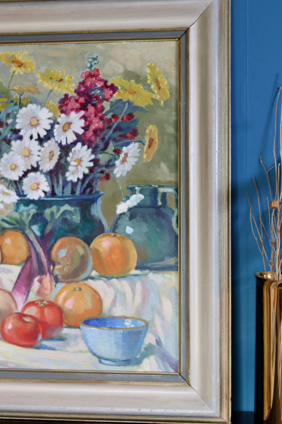 Original Large Swedish Mid-Century Oil on Panel" Still Life Flower and Fruits" by Erik Jemhte (1876-1952) - Vintage & Framed Noah Ancienne