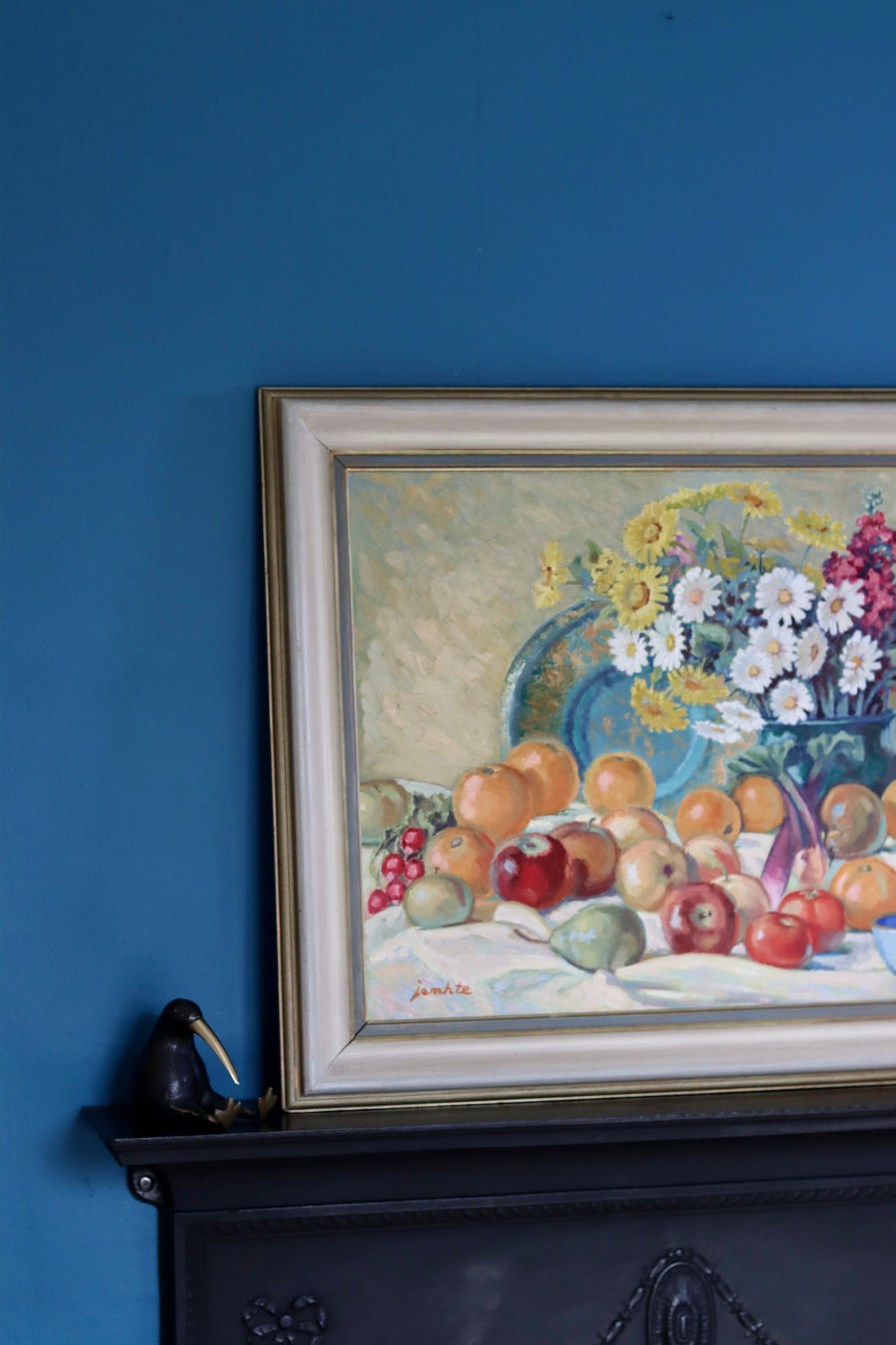 Original Large Swedish Mid-Century Oil on Panel" Still Life Flower and Fruits" by Erik Jemhte (1876-1952) - Vintage & Framed Noah Ancienne