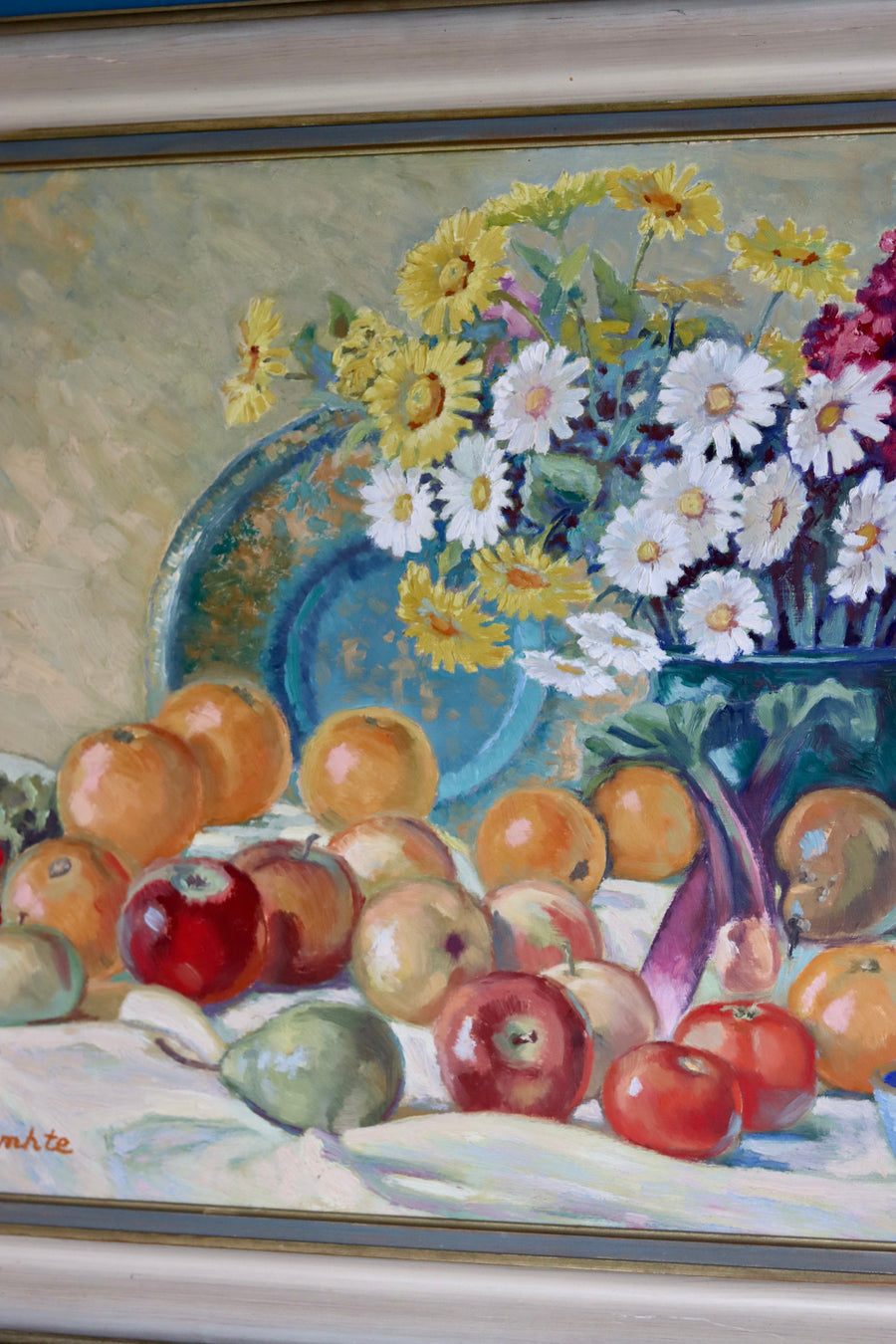 Original Large Swedish Mid-Century Oil on Panel" Still Life Flower and Fruits" by Erik Jemhte (1876-1952) - Vintage & Framed Noah Ancienne