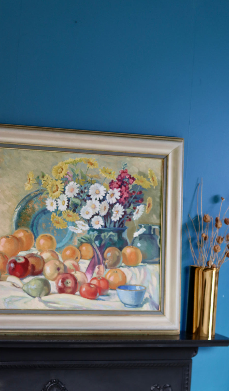 Original Large Swedish Mid-Century Oil on Panel" Still Life Flower and Fruits" by Erik Jemhte (1876-1952) - Vintage & Framed Noah Ancienne