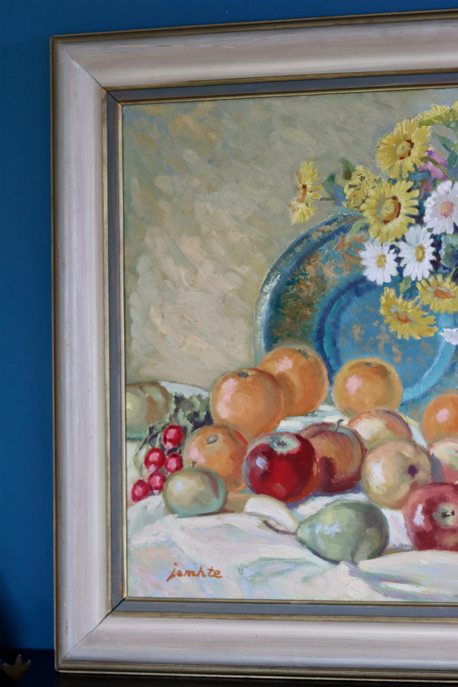 Original Large Swedish Mid-Century Oil on Panel" Still Life Flower and Fruits" by Erik Jemhte (1876-1952) - Vintage & Framed Noah Ancienne