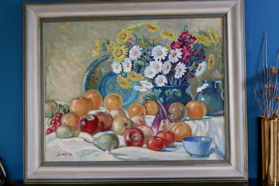 Original Large Swedish Mid-Century Oil on Panel" Still Life Flower and Fruits" by Erik Jemhte (1876-1952) - Vintage & Framed Noah Ancienne