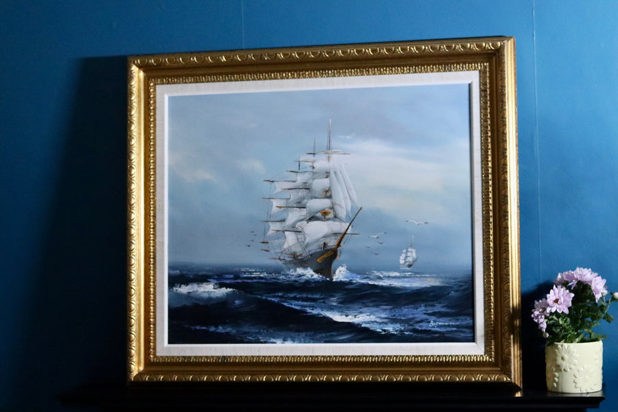 Original Large Swedish Modernist Oil on Canvas"Ship and Waves" by Bo Olsson. - Vintage & Framed Noah Ancienne