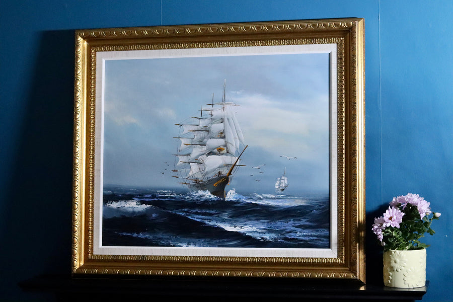 Original Large Swedish Modernist Oil on Canvas"Ship and Waves" by Bo Olsson. - Vintage & Framed Noah Ancienne