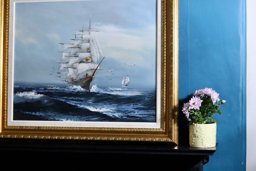 Original Large Swedish Modernist Oil on Canvas"Ship and Waves" by Bo Olsson. - Vintage & Framed Noah Ancienne