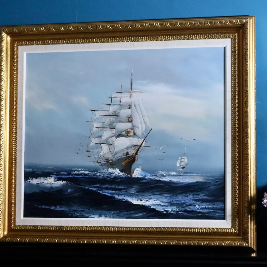 Original Large Swedish Modernist Oil on Canvas"Ship and Waves" by Bo Olsson. - Vintage & Framed Noah Ancienne