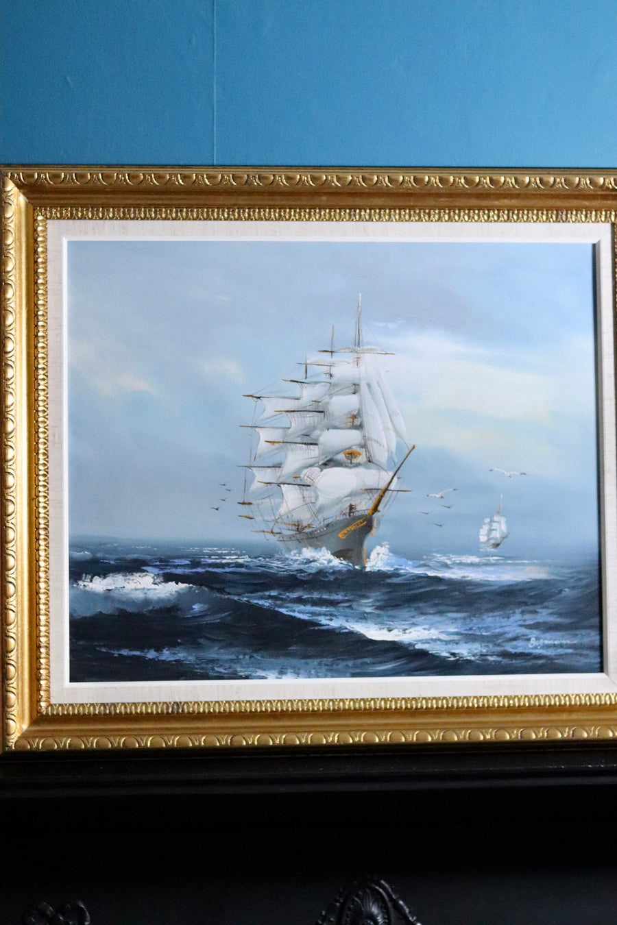 Original Large Swedish Modernist Oil on Canvas"Ship and Waves" by Bo Olsson. - Vintage & Framed Noah Ancienne