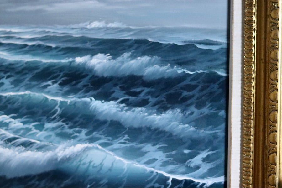 Original Large Swedish Modernist Oil on Canvas " waves" by Alan Kirsch - Vintage & Framed Noah Ancienne