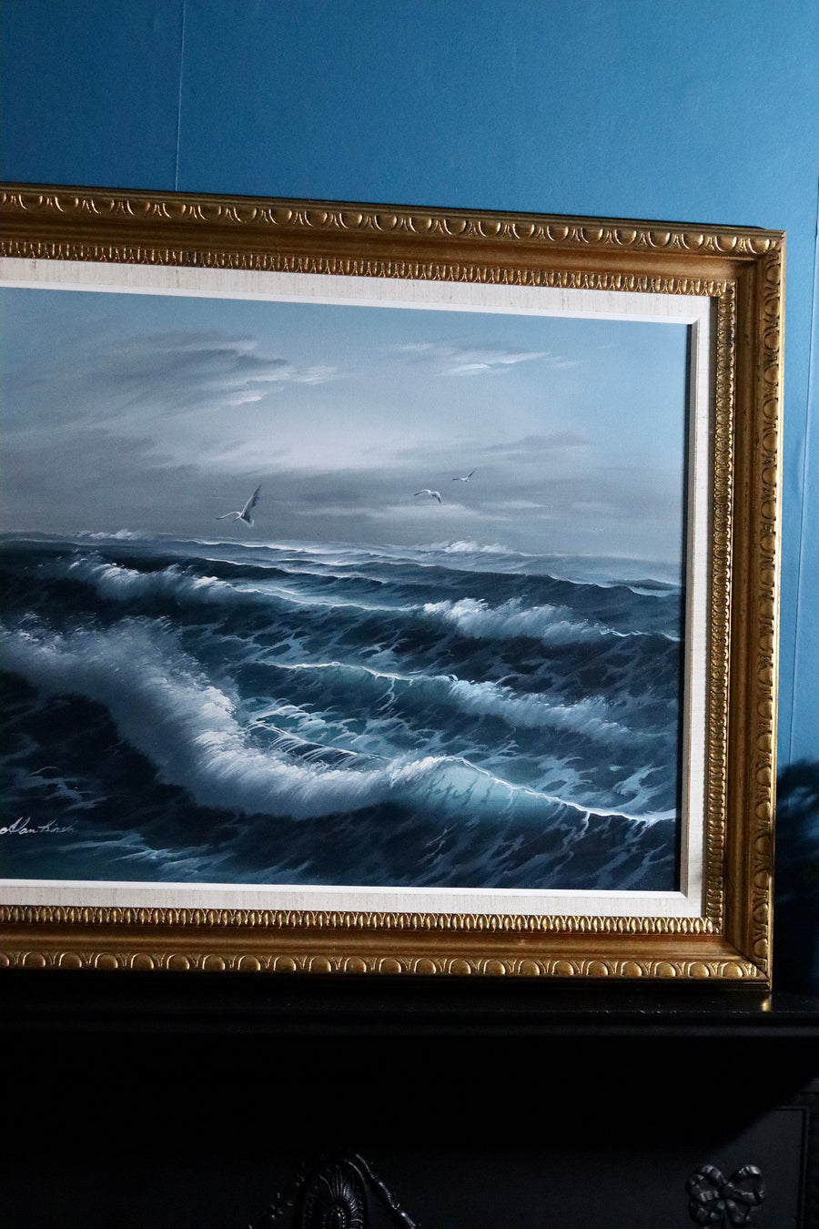 Original Large Swedish Modernist Oil on Canvas " waves" by Alan Kirsch - Vintage & Framed Noah Ancienne