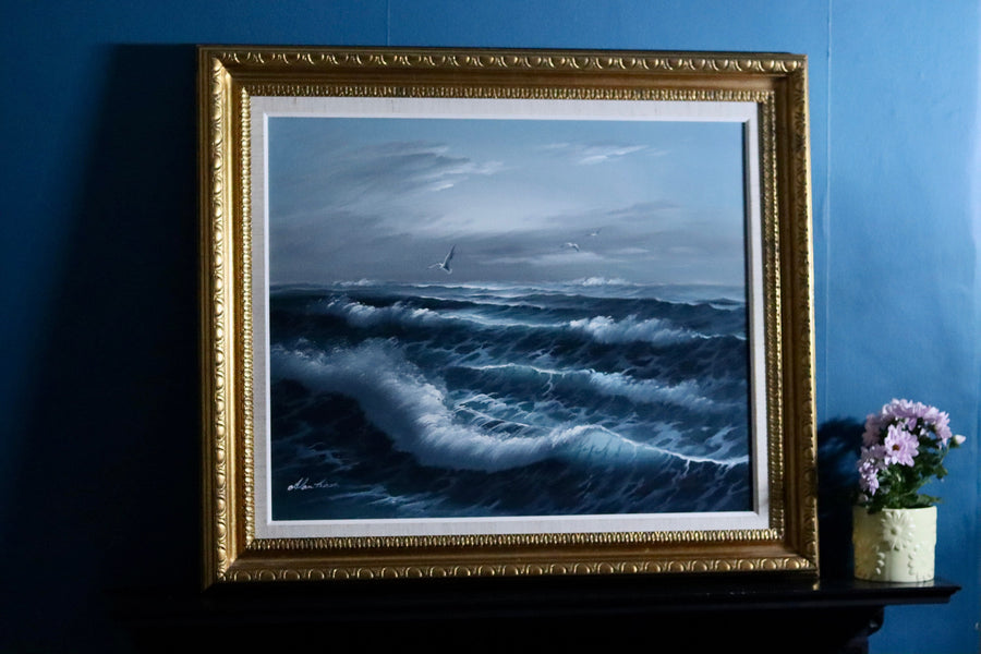 Original Large Swedish Modernist Oil on Canvas " waves" by Alan Kirsch - Vintage & Framed Noah Ancienne