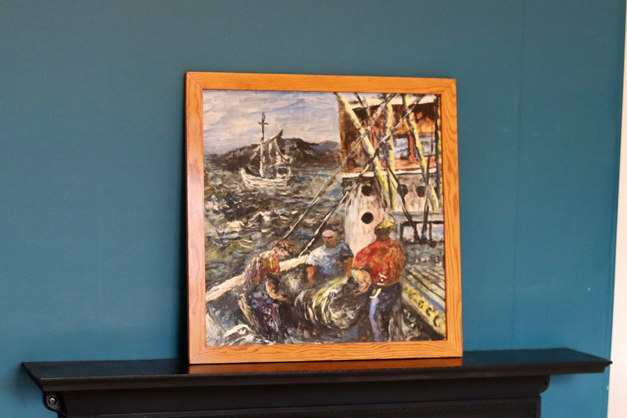 Original Large Swedish Modernist Oil on Panel" FISHERMEN" by OLLE GUSTAFSSON - Vintage & Framed Noah Ancienne