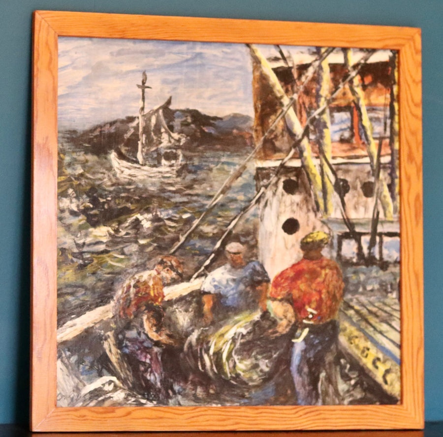 Original Large Swedish Modernist Oil on Panel" FISHERMEN" by OLLE GUSTAFSSON - Vintage & Framed Noah Ancienne