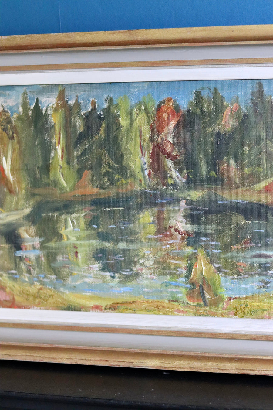 Original Swedish Mid-Century Oil on Canvas" Lake in Early Autumn" by Dal - Framed Noah Ancienne