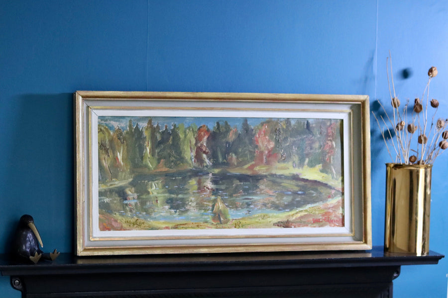 Original Swedish Mid-Century Oil on Canvas" Lake in Early Autumn" by Dal - Framed Noah Ancienne