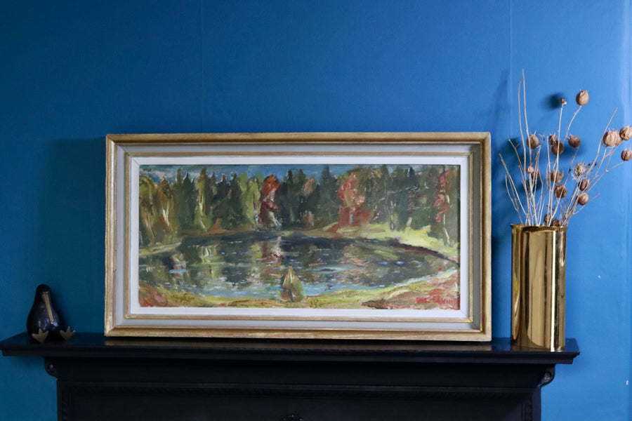 Original Swedish Mid-Century Oil on Canvas" Lake in Early Autumn" by Dal - Framed Noah Ancienne