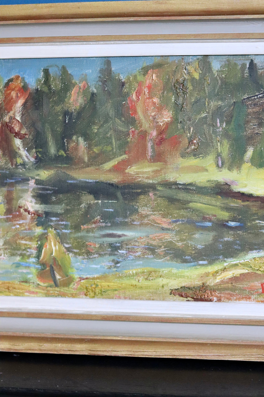 Original Swedish Mid-Century Oil on Canvas" Lake in Early Autumn" by Dal - Framed Noah Ancienne