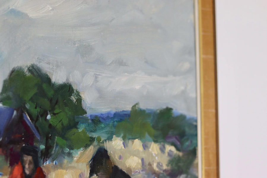 Original Swedish Mid-Century Oil on Canvas "Summer Lunch" by Uno Hubert Karlsson - Vintage & Framed Noah Ancienne