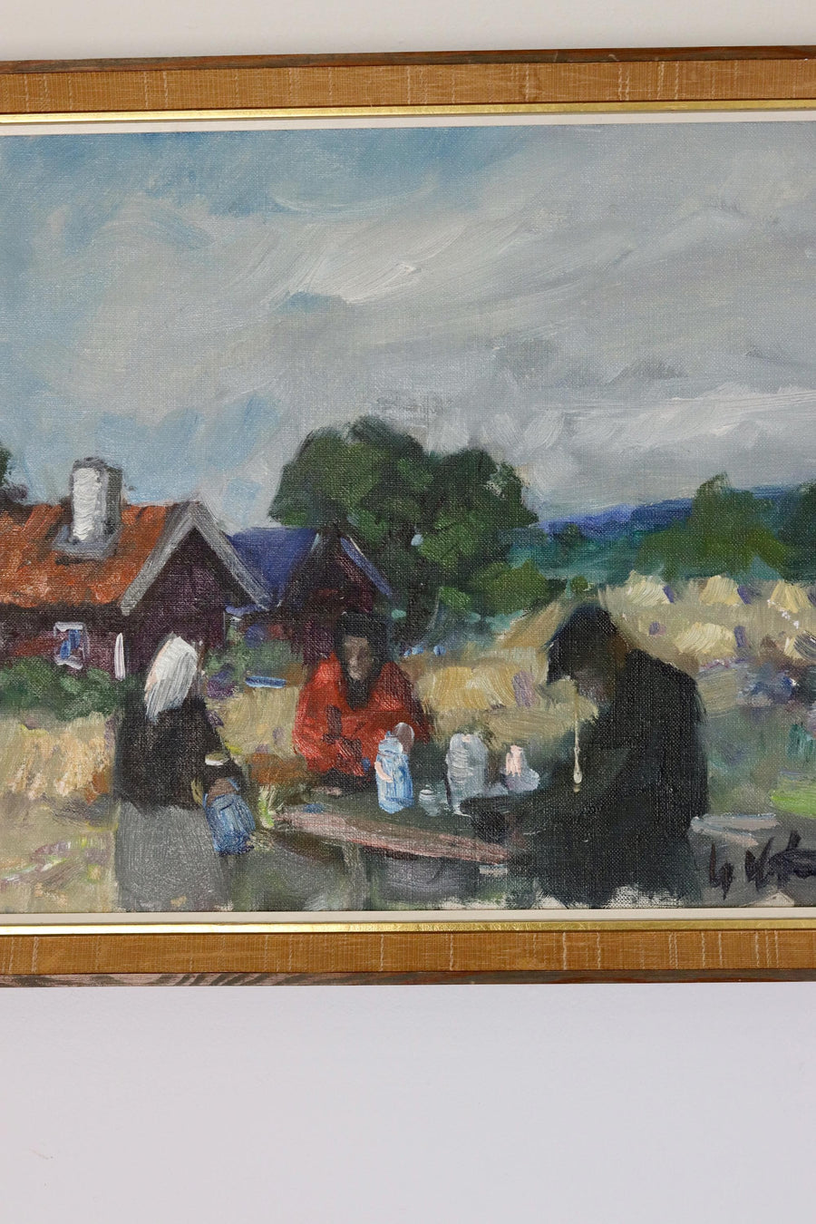 Original Swedish Mid-Century Oil on Canvas "Summer Lunch" by Uno Hubert Karlsson - Vintage & Framed Noah Ancienne