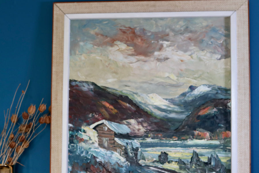 Original Swedish Modernist Oil on Canvas " House In The Hills"- Framed Noah Ancienne