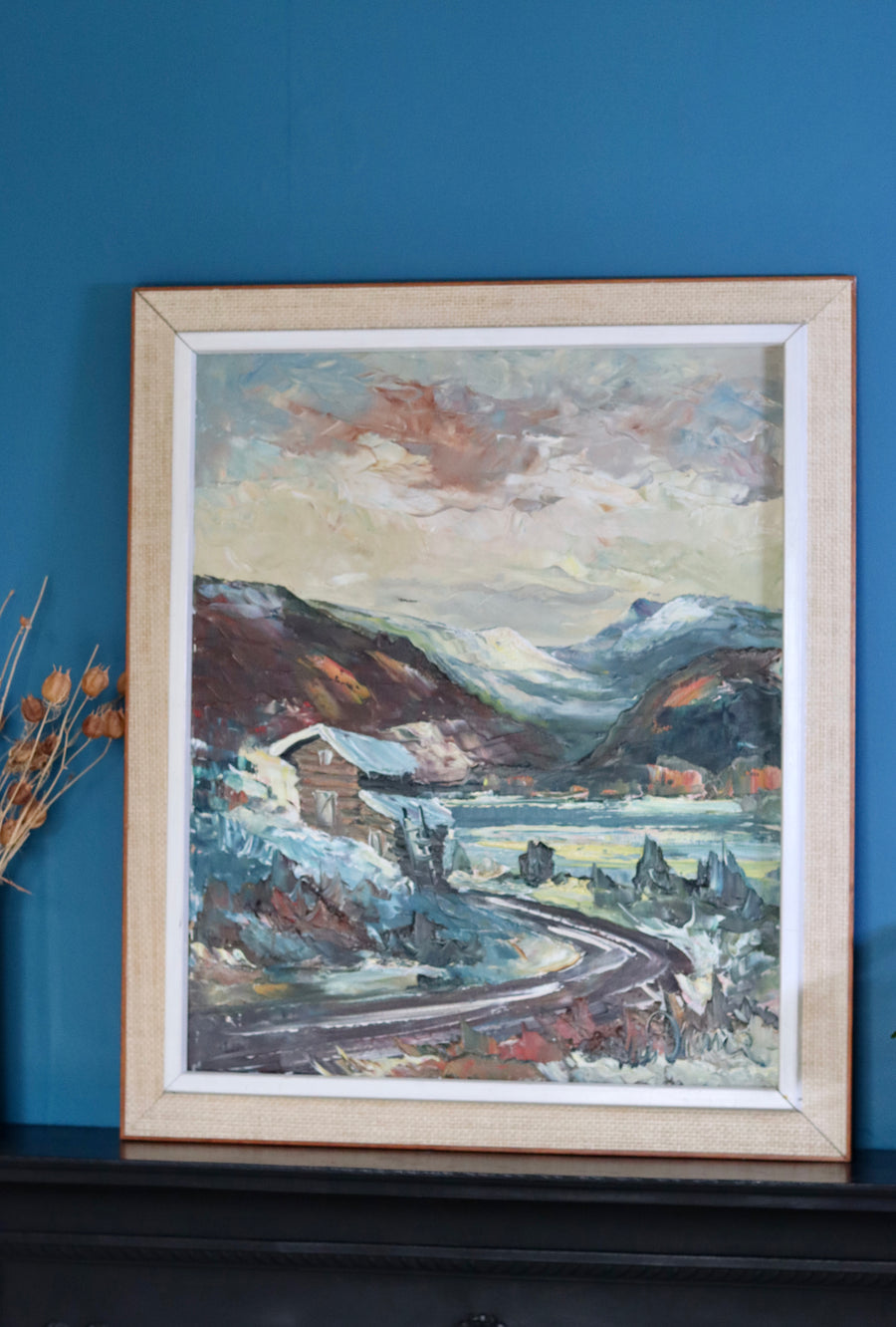 Original Swedish Modernist Oil on Canvas " House In The Hills"- Framed Noah Ancienne