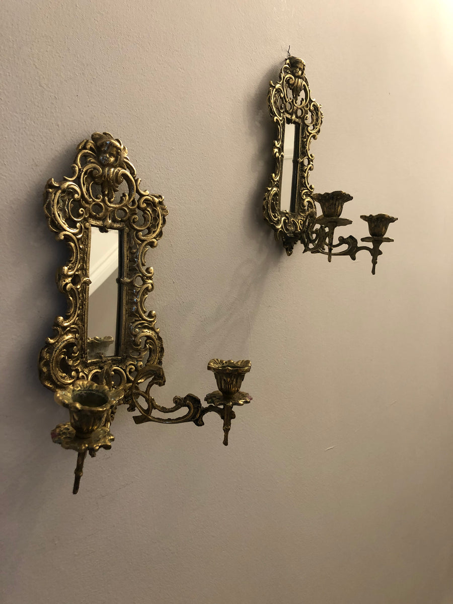 Pair of Antique Brass Sconces with Mirror Noah Ancienne