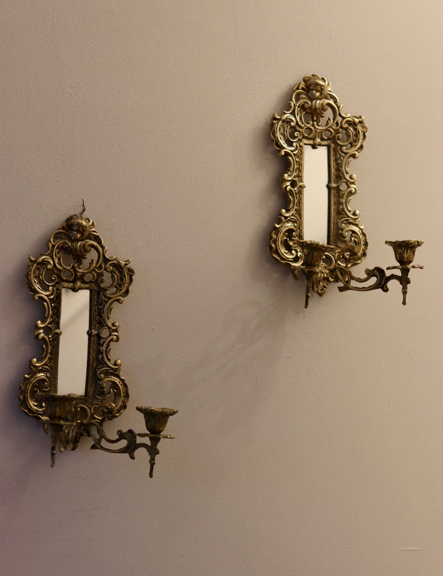 Pair of Antique Brass Sconces with Mirror Noah Ancienne