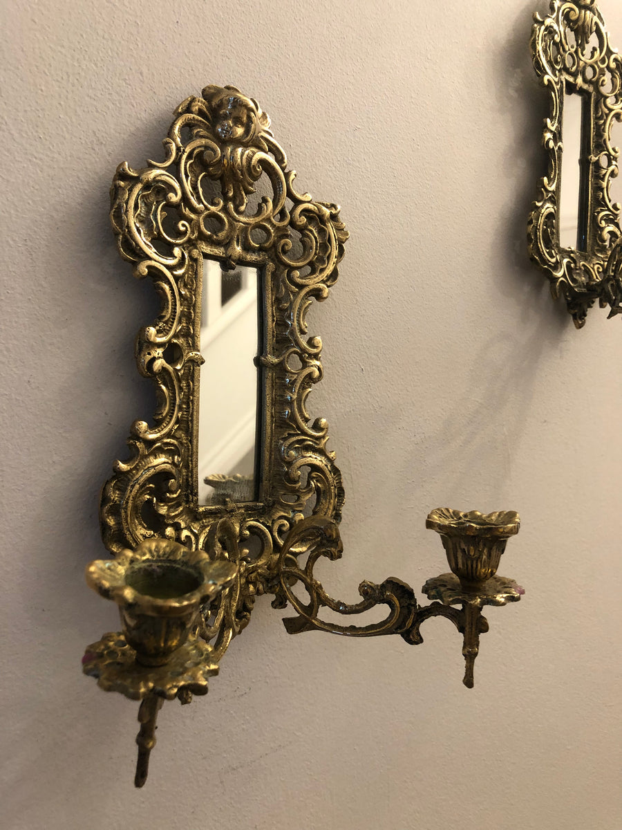 Pair of Antique Brass Sconces with Mirror Noah Ancienne