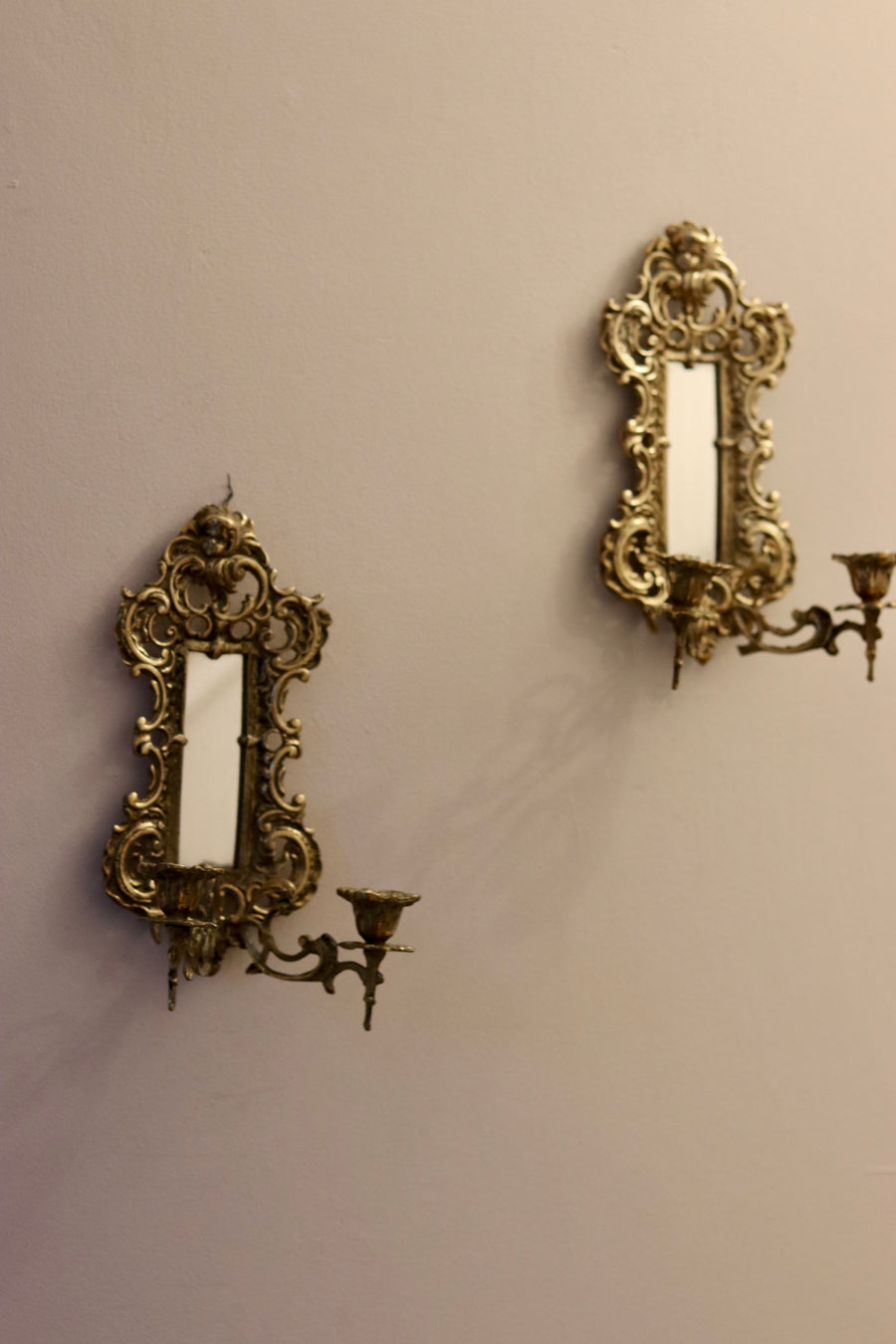 Pair of Antique Brass Sconces with Mirror Noah Ancienne