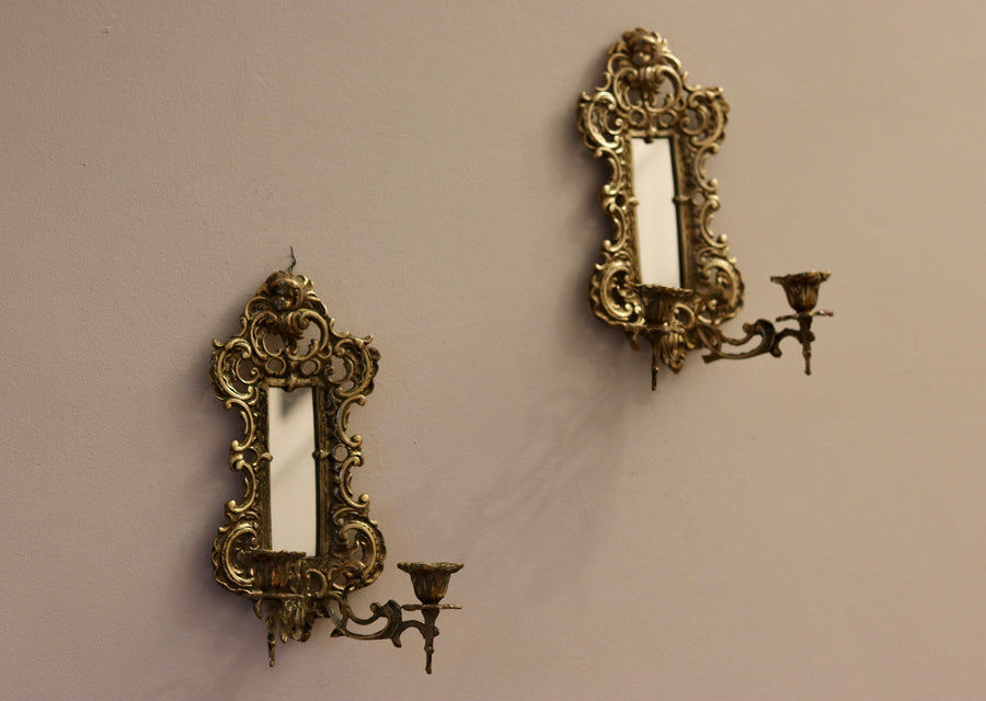 Pair of Antique Brass Sconces with Mirror Noah Ancienne