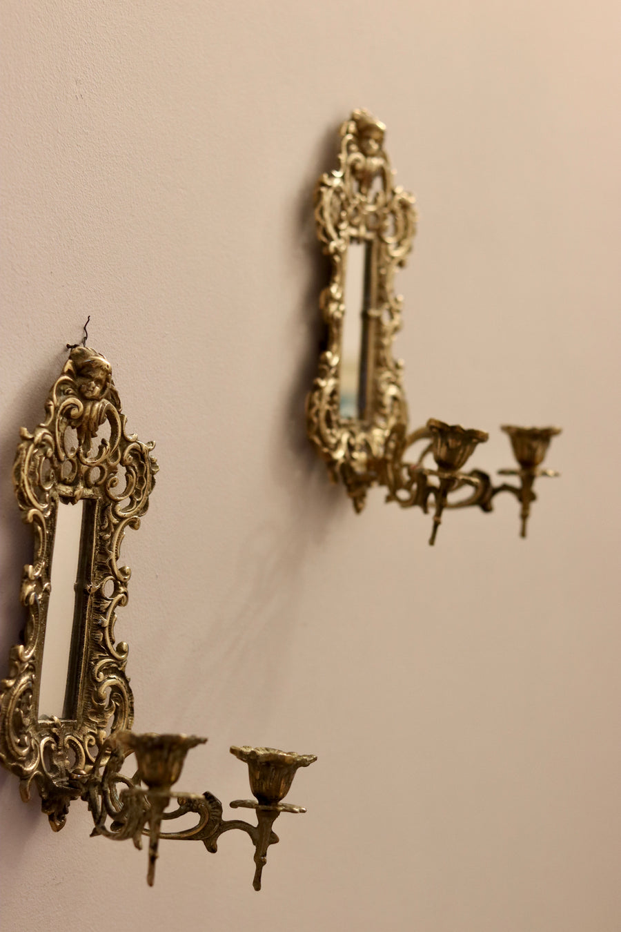 Pair of Antique Brass Sconces with Mirror Noah Ancienne