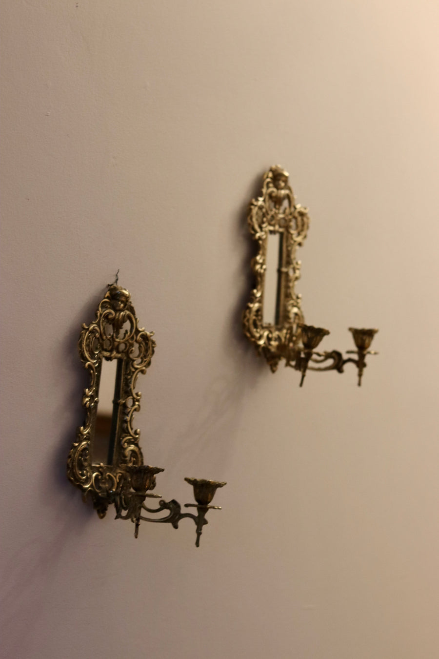 Pair of Antique Brass Sconces with Mirror Noah Ancienne