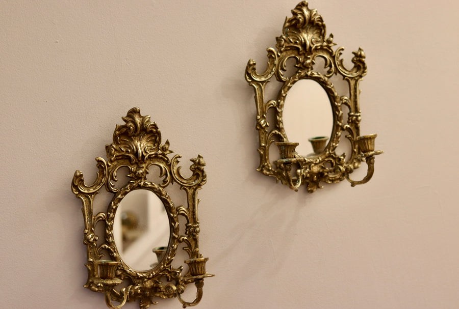 Pair of Antique Brass Sconces with Mirror Noah Ancienne