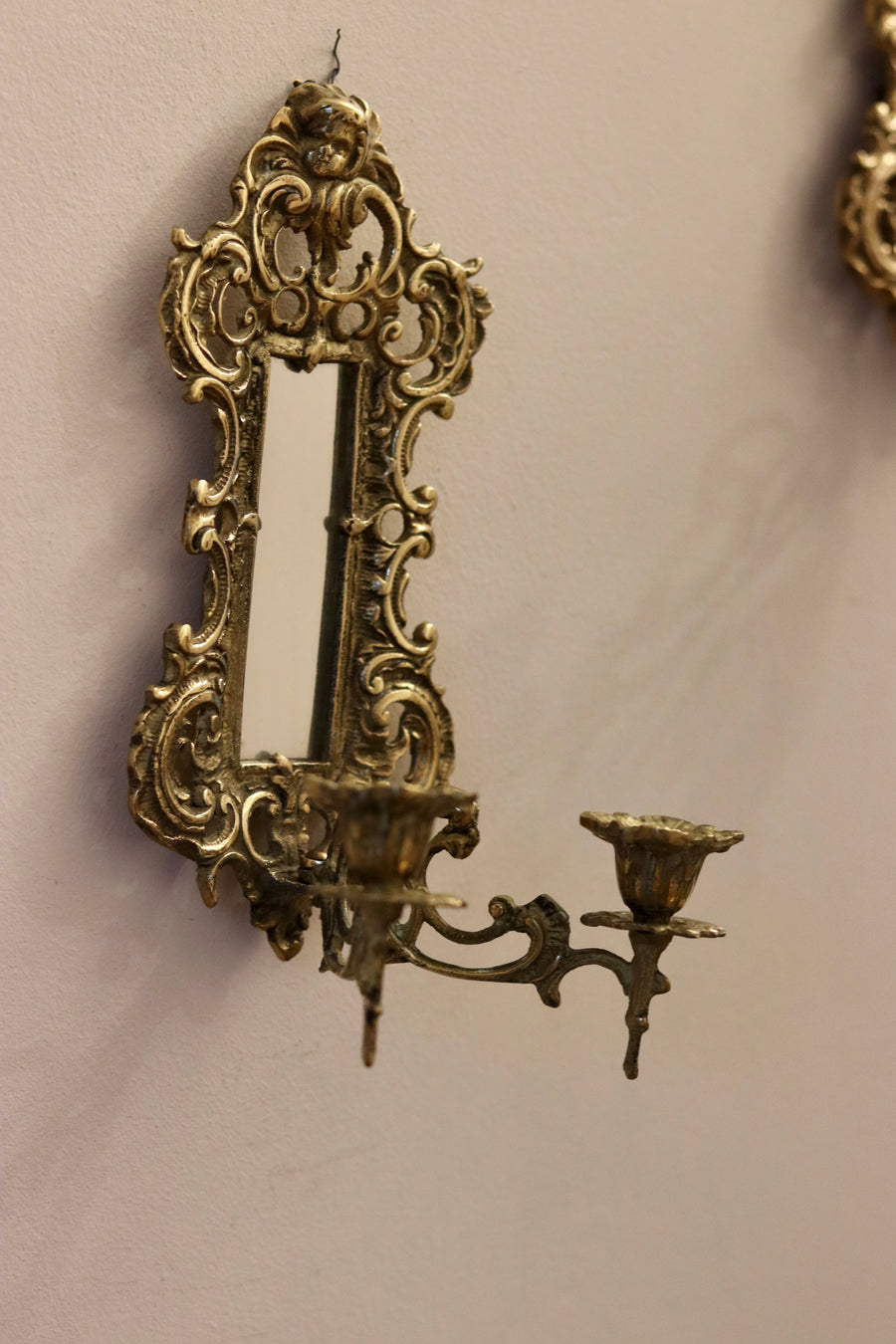 Pair of Antique Brass Sconces with Mirror Noah Ancienne