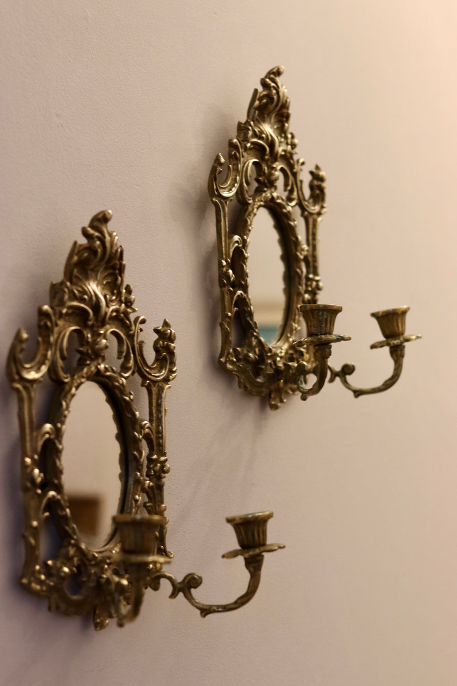 Pair of Antique Brass Sconces with Mirror Noah Ancienne