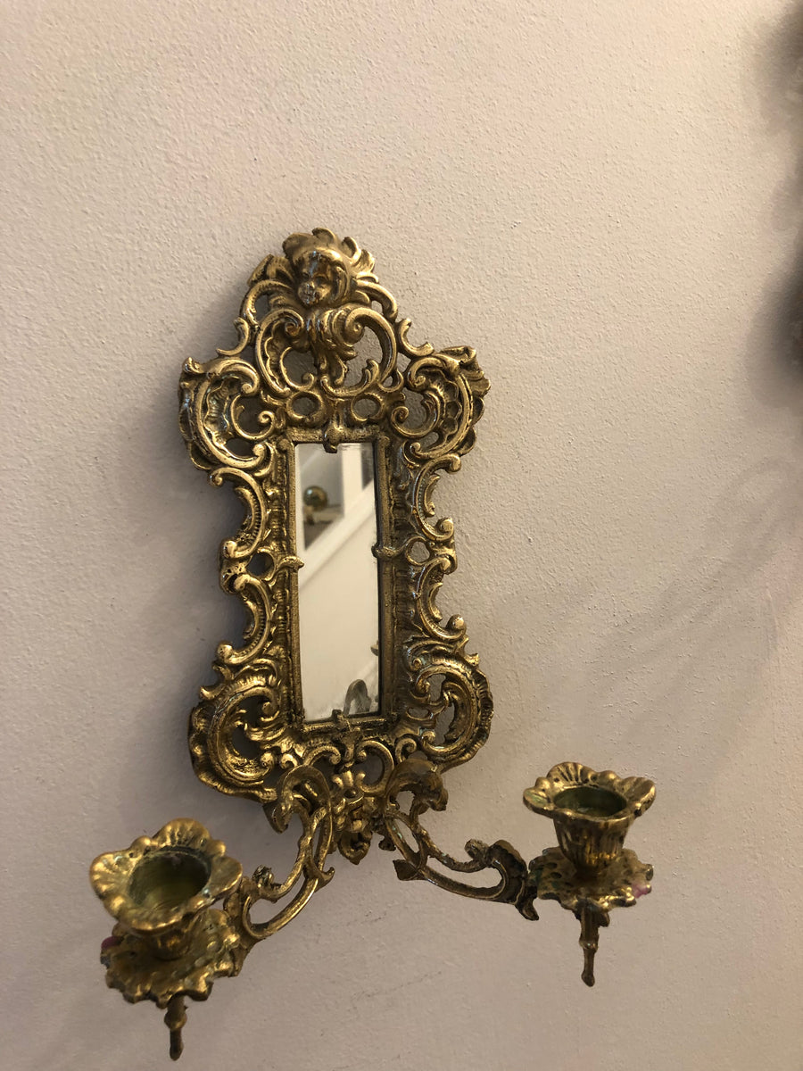 Pair of Antique Brass Sconces with Mirror Noah Ancienne