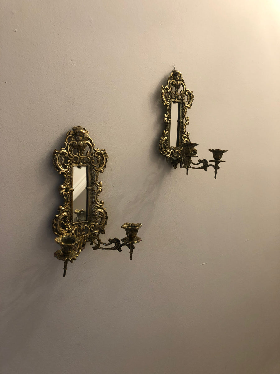 Pair of Antique Brass Sconces with Mirror Noah Ancienne