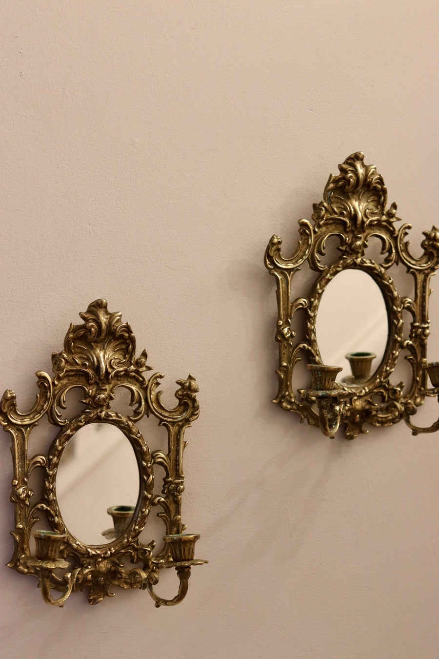 Pair of Antique Brass Sconces with Mirror Noah Ancienne