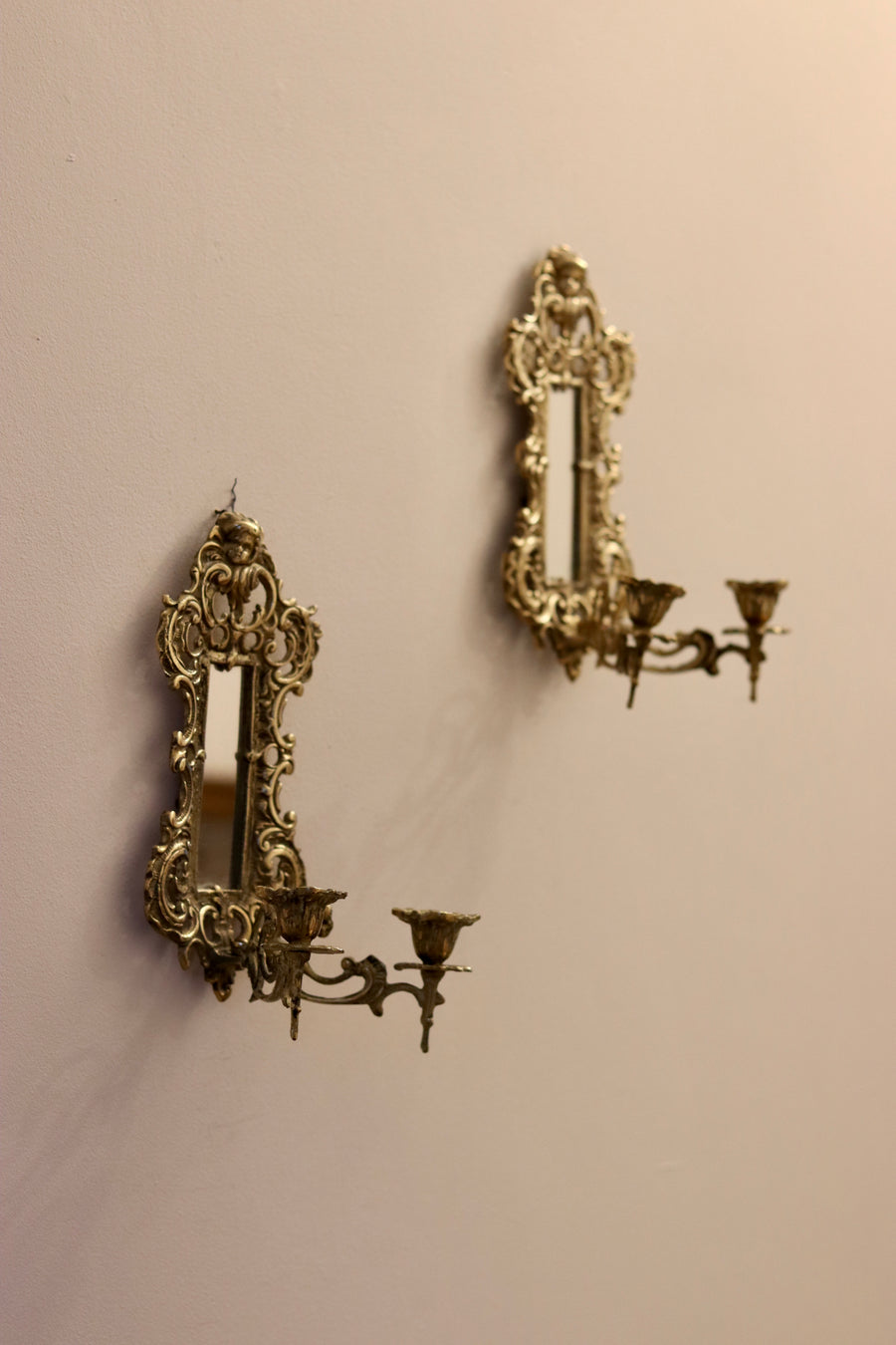 Pair of Antique Brass Sconces with Mirror Noah Ancienne